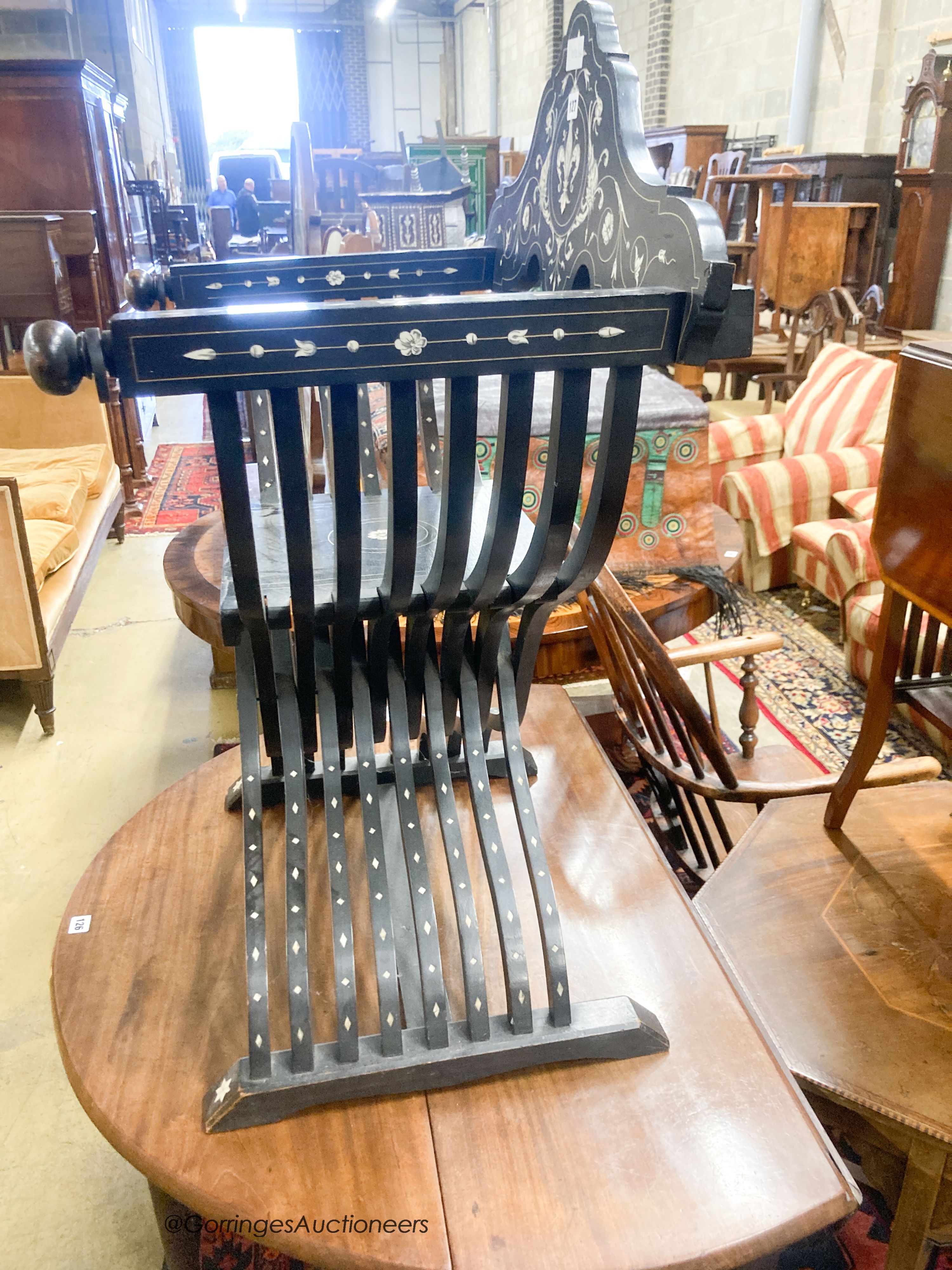 A late 19th century Italian bone inlay Savaranola chair, width 72cm, depth 34cm, height 97cm